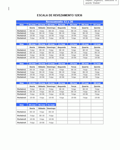 Modelo de Escala de Trabalho em Revezamento 12 x 36 - Quadro Horário
