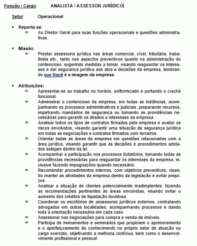 Modelo de Descrição de Cargo - Analista Jurídico ou Assessor Jurídico