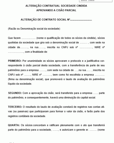 Modelo de Alteração Contratual Sociedade Cindida aprovando cisão parcial