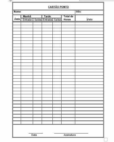 Modelo de Controle de Horas - Cartão Ponto