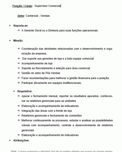 Modelo de Descrição de Cargo de Supervisor Comercial