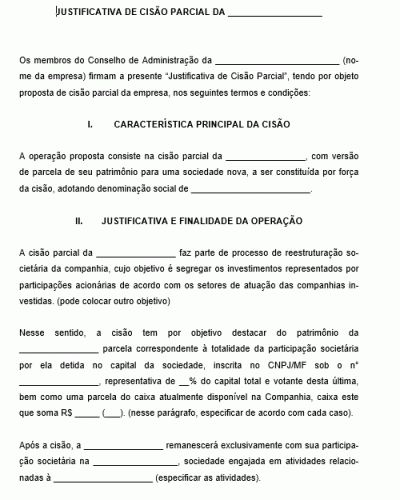 Modelo de Protocolo justificativo de Cisão Parcial