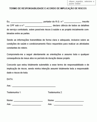 Modelo De Termo De Responsabilidade E Acordo De Implicação De Riscos