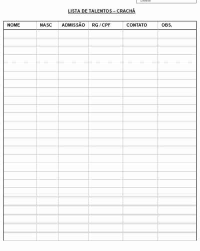 Modelo de Controle Informações Crachá - Data Nasc - Admissão - RG - Tipo Sangue