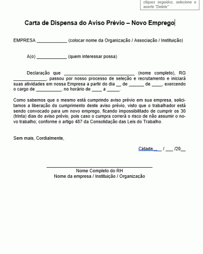 Modelo Carta de Recomendação para Dispensa aviso Prévio para Trabalhar em outra Empresa