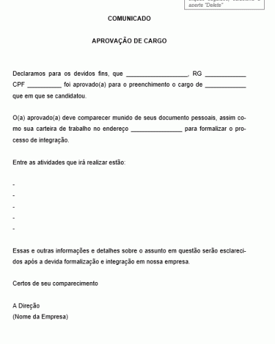 Modelo de Declaração de Aprovação para preenchimento de Cargo