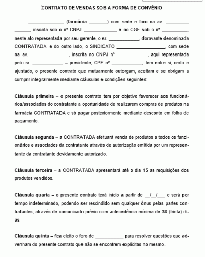 Modelo de Contrato de Vendas sob forma de Convênio com Farmácia - Desconto em Folha Funcionário