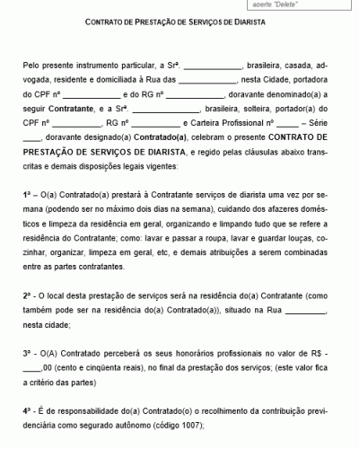 Modelo de Contrato de Prestação de Serviços de Diarista - Doméstica Sem Vínculo Empregatício