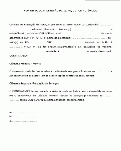 Modelo de Contrato de Prestação de Serviços por Autônomo - Profissional Empreitada