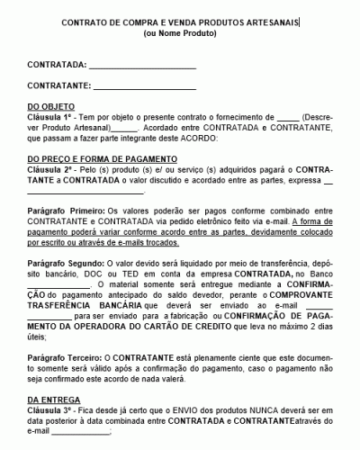 Modelo de Contrato de Compra e Venda de Produtos Artesanais - Produto Artesanal