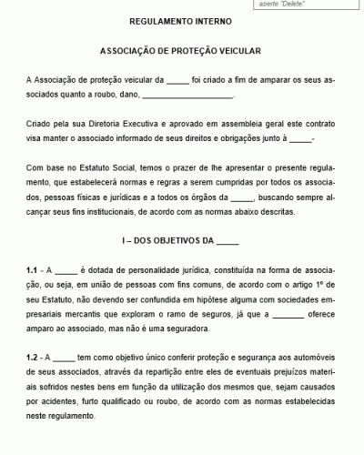 Modelo de Regimento Interno da Associação de Proteção Veicular