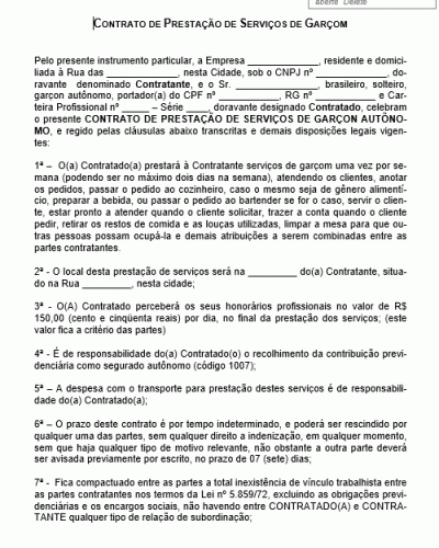 Modelo de Contrato de Prestação de Serviços de Garçom Autônomo