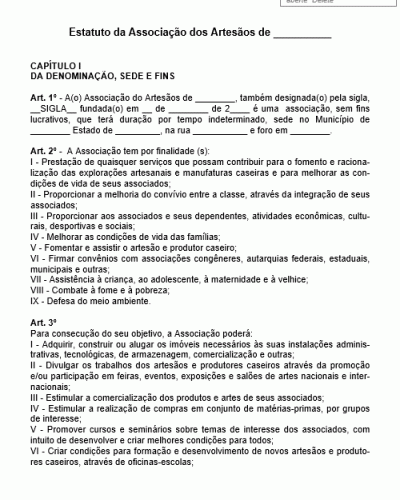 Modelo de Estatuto para Associação de Artesão - Produtores Produtos Artesanais e Caseiros