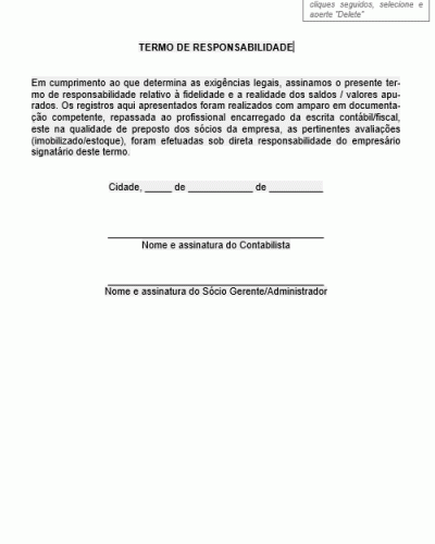 Modelo de Termo de Responsabilidade para Contador - Contabilidade com Cliente Empresário