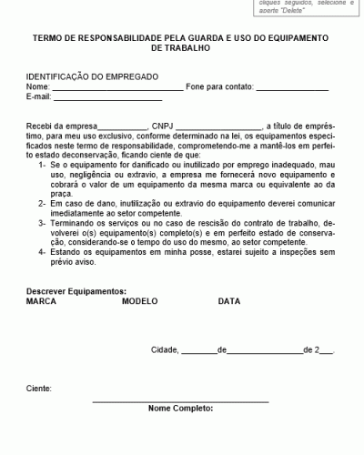 Referência Para Um Termo De Responsabilidade Pela Guarda E Uso Dos