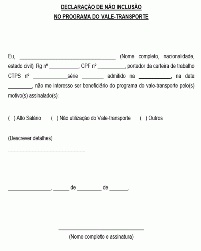 Modelo de Declaração de Não Utilização de Vale Transportes - VT