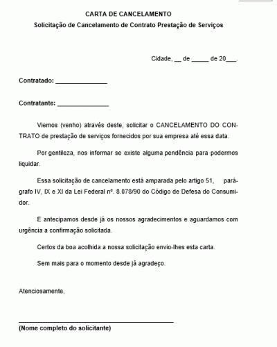 Referência para um Ofício de Solicitação de Cancelamento de Contrato de  Prestação de Serviço