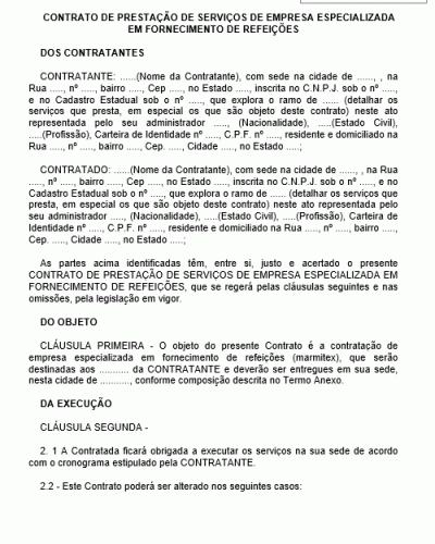 Modelo de Contrato de Prestação de Serviços Especializado em Fornecimento de Refeições - Alimentação Almoço Marmitex