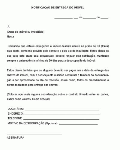 Modelo de Comunicado de Entrega de Imóvel