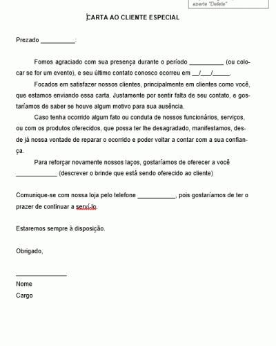 Modelo de Carta para o cliente antigo Inativo