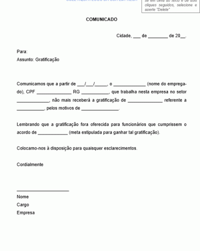 Modelo de Comunicado ao funcionário sobre cancelamento de gratificação