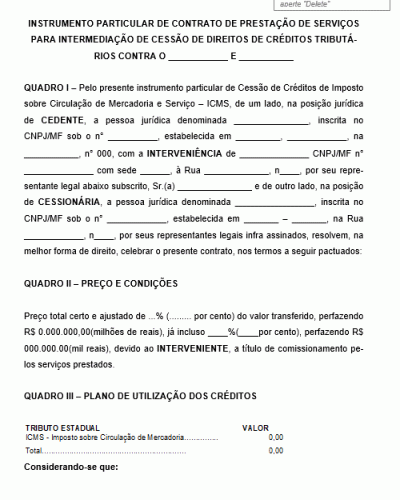 Modelo de Contrato de Cessão de Crédito Tributário ICMS