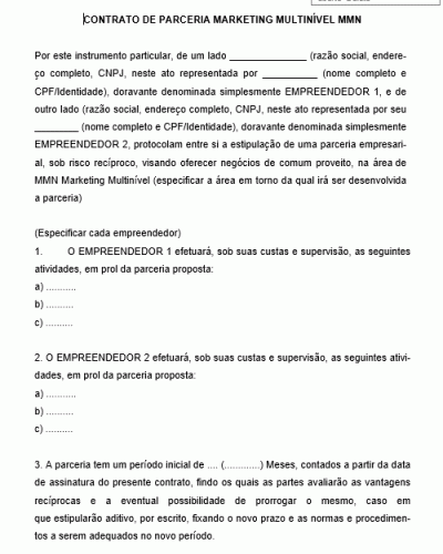 Modelo De Contrato De Parceria Mmn Marketing Multinível