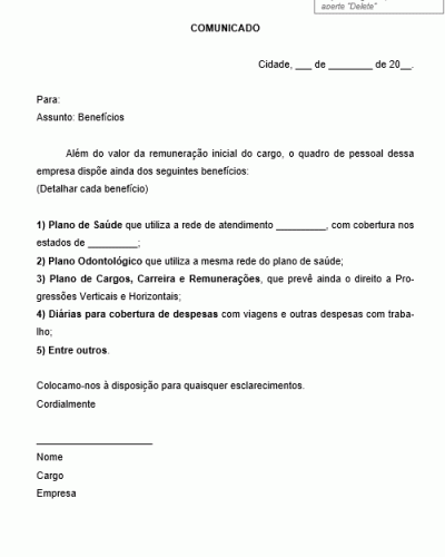 Modelo de Comunicado aos funcionários sobre os benefícios 