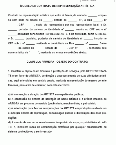 Modelo de Contrato de Representação Artística