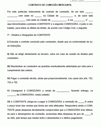 Modelo de Contrato de Comissão mercantil