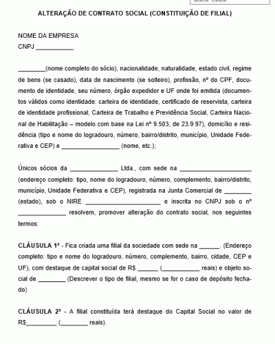 Modelo de Alteração de Contrato Social para Constituição de Filial