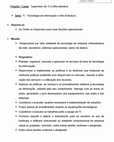 Modelo de Descrição de Cargo de Supervisor de Ti Tecnologia da Informação e Infra Estrutura