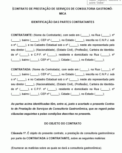 Contrato Padrão Para Prestação De Serviço De Consultoria Gastronômica