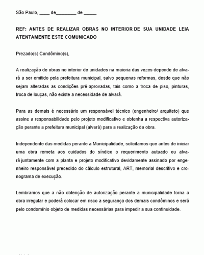 Modelo de Comunicado a(os) morador(es) sobre como autorizar reforma ou obra em Condomínio