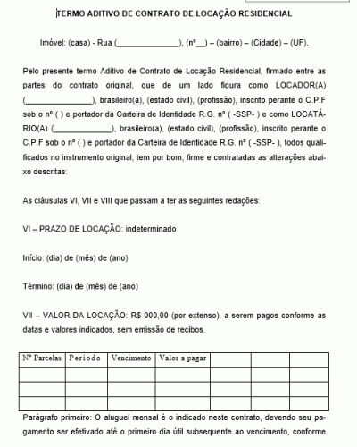 Modelo de Termo Aditivo de locação de Imóvel Residencial