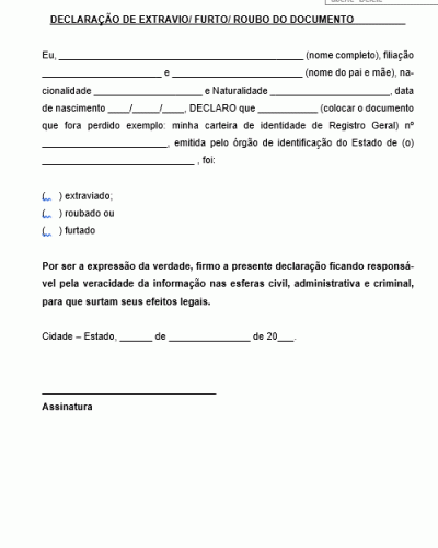 Modelo de Declaração de Extravio de Documento