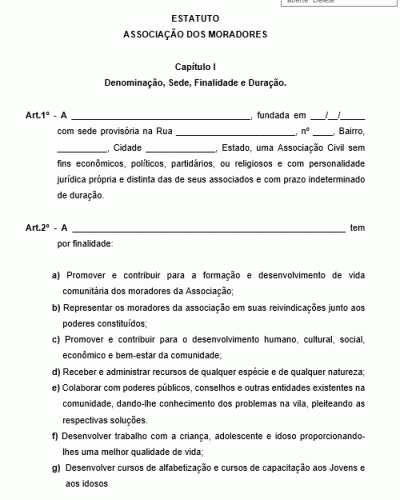 Modelo de Estatuto da Associação dos Moradores