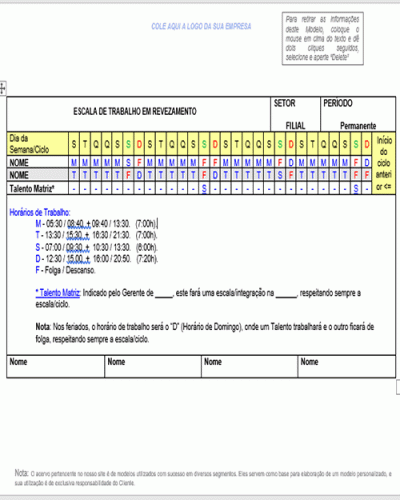 Modelo de Escala de Horário em Revezamento - Permanente