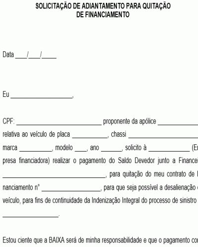 Modelo de Solicitação para Adiantamento de Financiamento