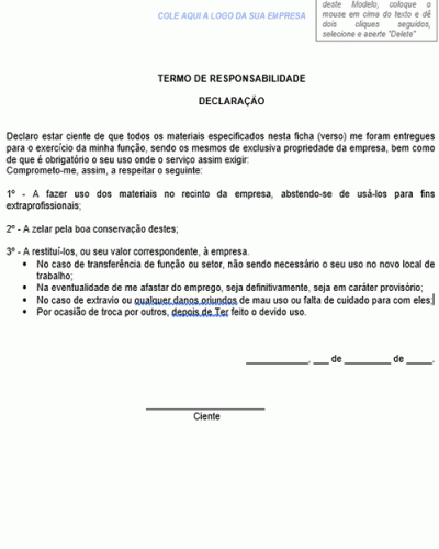 Modelo de Ficha de Controle de EPI - Termo de Responsabilidade