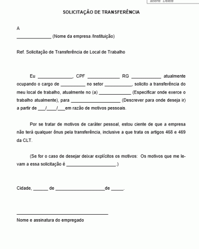 Modelo de Solicitação de Transferência feita pelo Empregado