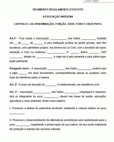 Modelo de Regimento Regulamento Estatuto Associação Indígena Índio