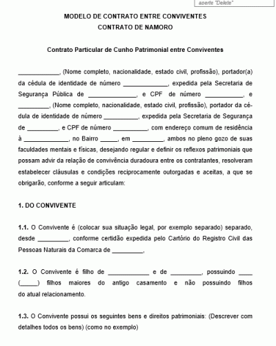 Modelo de Contrato Particular de Cunho Patrimonial entre Conviventes Namoro