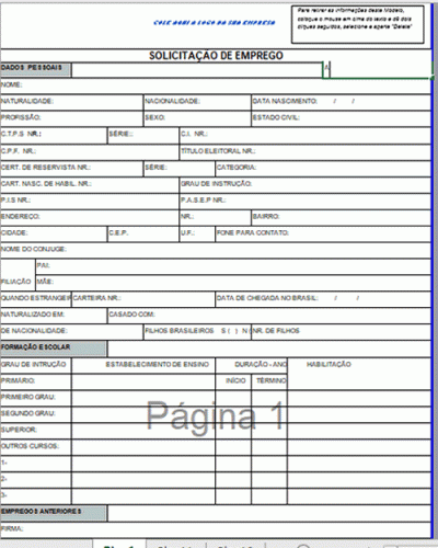 Modelo de Ficha Solicitação Registro Emprego em excel