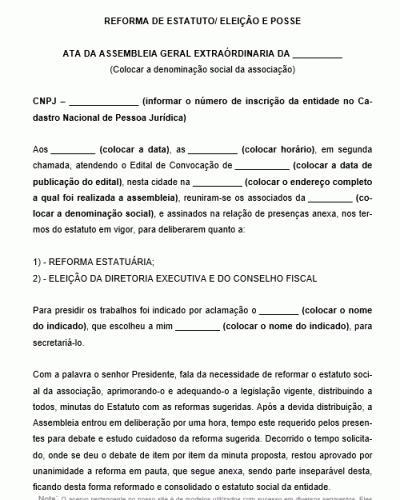 Modelo de Ata de Reunião para Alteração / Eleição / Posse