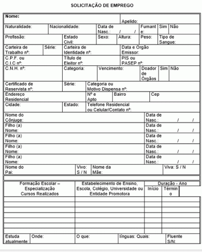 Modelo de Ficha Solicitação Registro Emprego em word