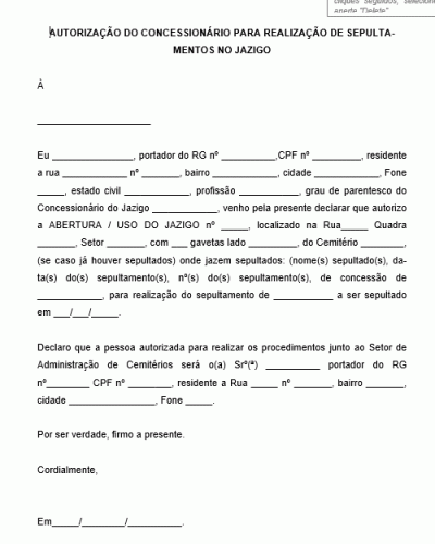 Modelo de Autorização de Concessionário para sepultamento no Jazigo