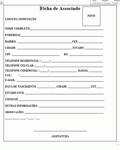 Modelo de Ficha Cadastral de Associados