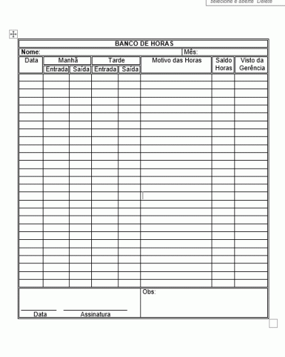 Modelo de Formulário Banco de Horas - a serem compensadas