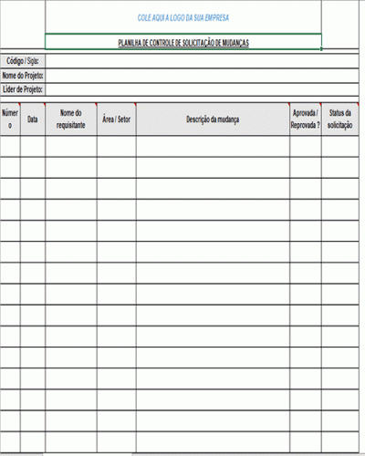 Modelo de Planilha de Controle de solicitação de Mudanças